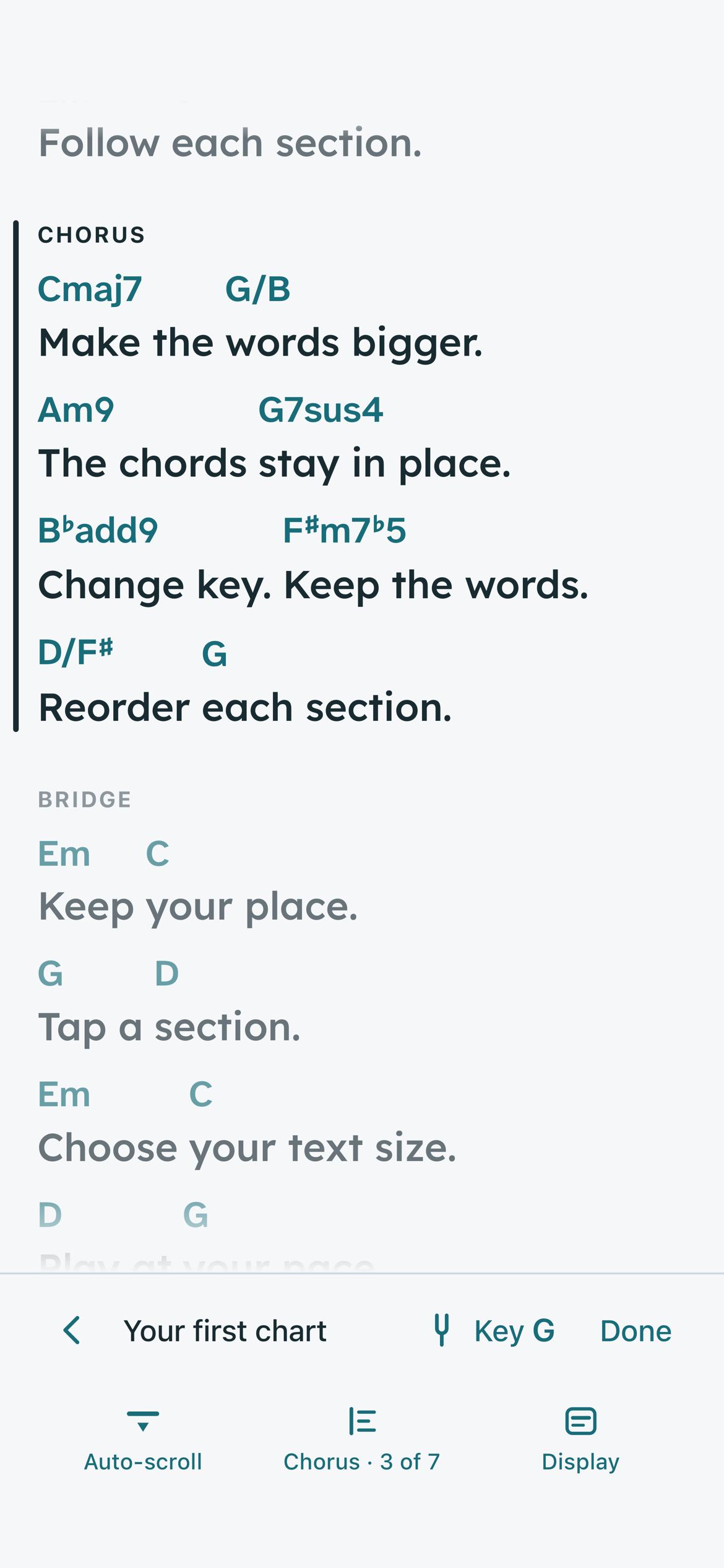 Kordia chart with instructional words and anchored chords