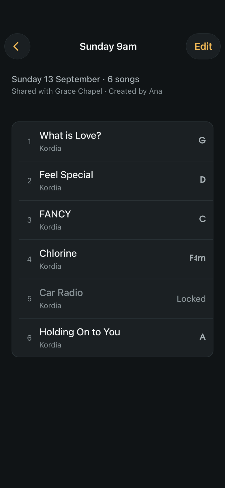 Kordia setlist in dark appearance